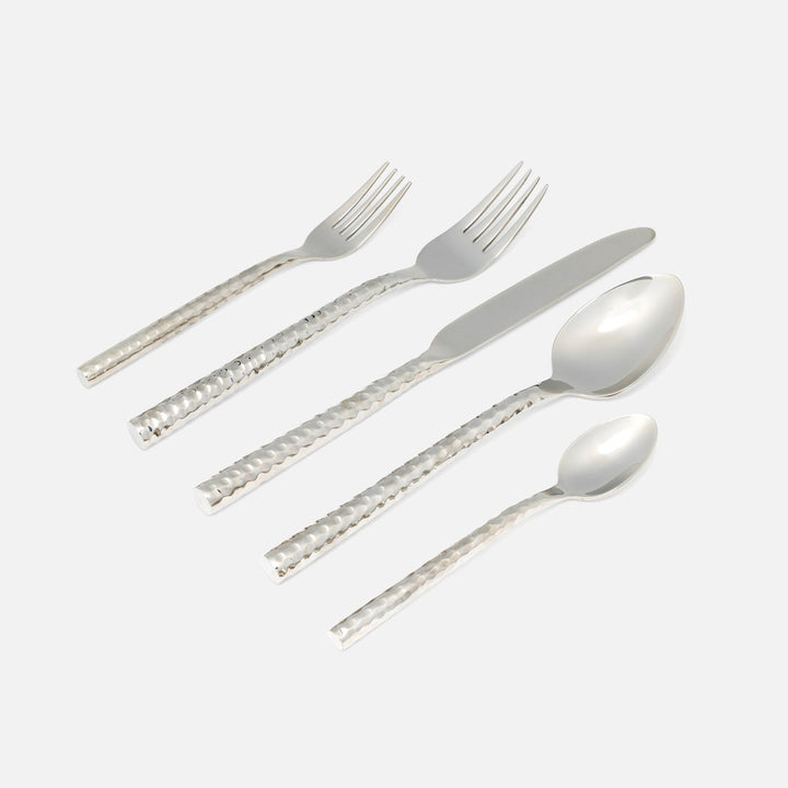 Annella Silver 5-Piece Set: Knife Dinner Fork Salad Fork Soup Spoon Tea Spoon Hammered Stainl