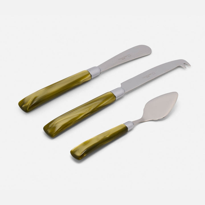 Colson Olive Green/Polished Silver Set Of 3 Cheese Knives Acrylic/Stainless Steel Boxed