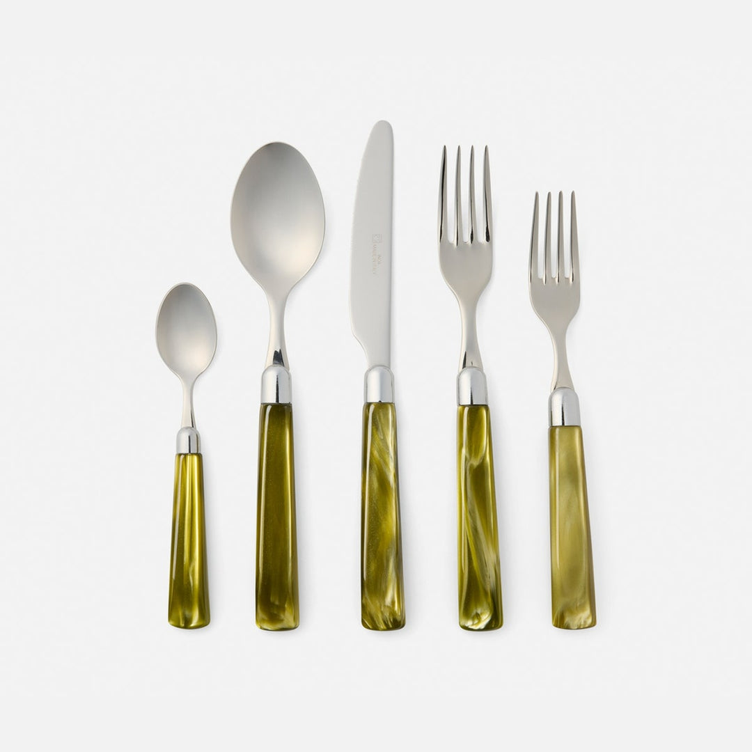 Colson Olive Green/Polished Silver 5-Piece Set: Knife Dinner Fork Salad Fork Soup Spoon Teaspo
