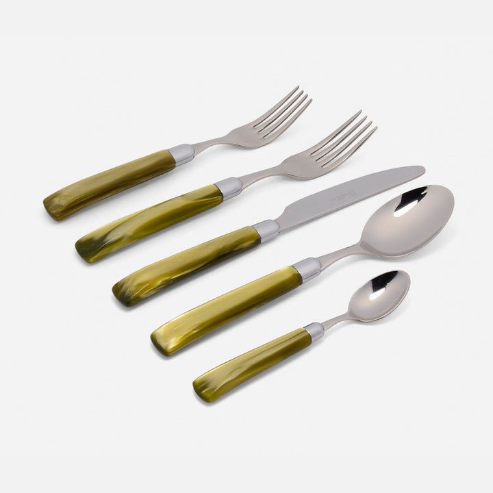 Colson Olive Green/Polished Silver 5-Piece Set: Knife Dinner Fork Salad Fork Soup Spoon Teaspo
