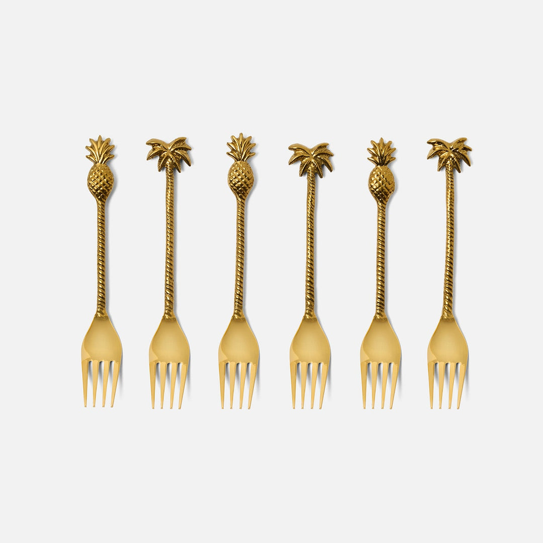 Crawford Polished Gold Palm Tree/Pineapple Appetizer Fork Stainless Steel/Brass Set/6