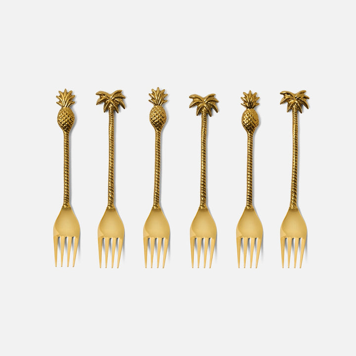 Crawford Polished Gold Palm Tree/Pineapple Appetizer Fork Stainless Steel/Brass Set/6