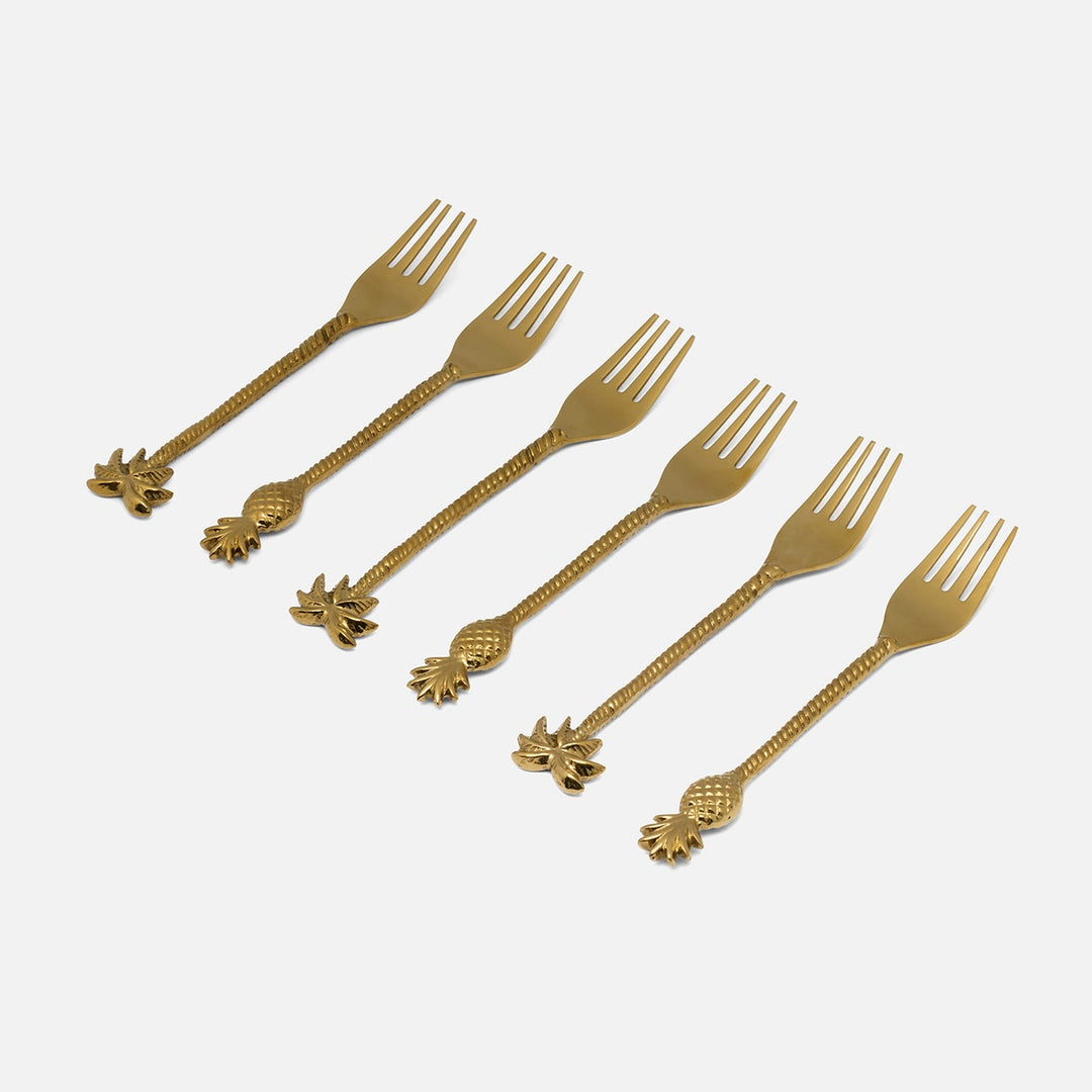 Crawford Polished Gold Palm Tree/Pineapple Appetizer Fork Stainless Steel/Brass Set/6