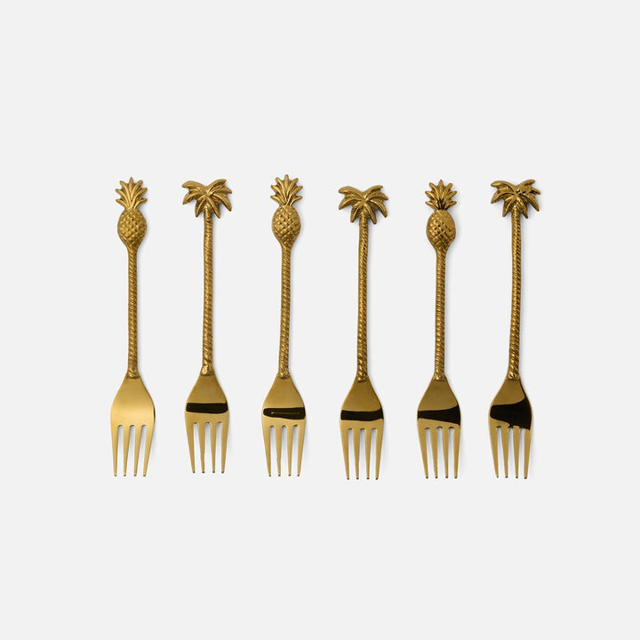 Crawford Polished Gold Palm Tree/Pineapple Appetizer Fork Stainless Steel/Brass Set/6