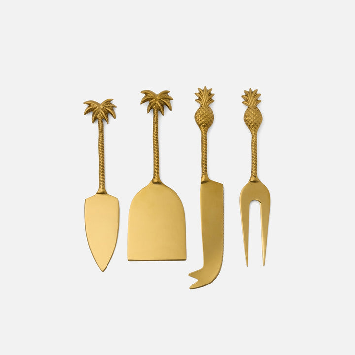 Crawford Polished Gold Palm Tree/Pineapple Set Of 4 Cheese Knives Stainless Steel/Brass Boxed