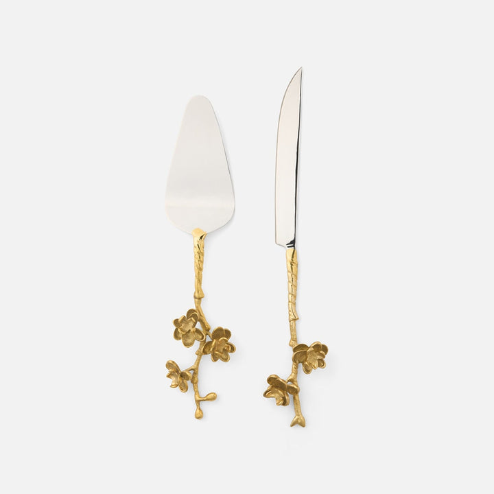 Fiona Polished Gold/Silver Blossom 2-Piece Cake Serving Set Brass/Stainless Steel Boxed