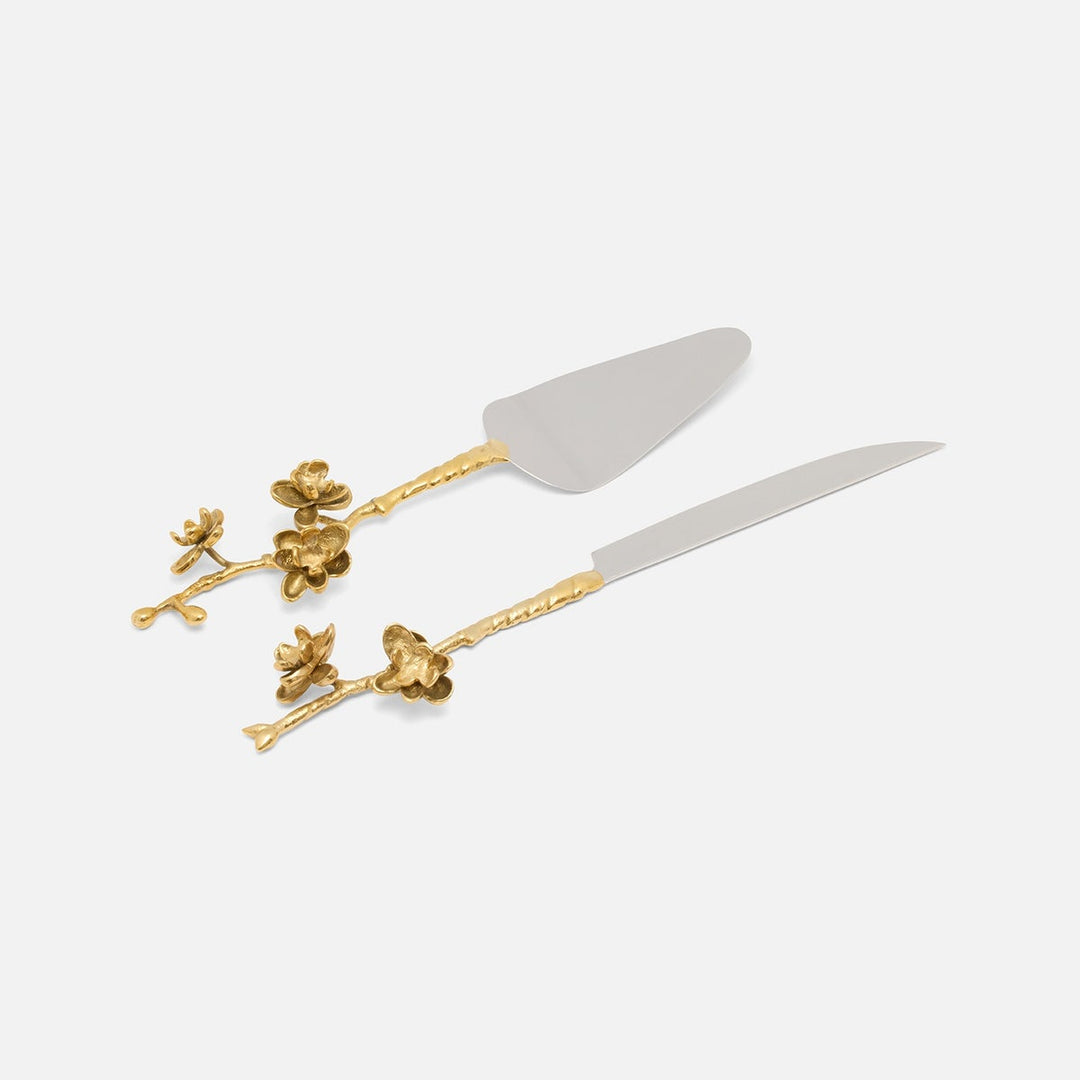 Fiona Polished Gold/Silver Blossom 2-Piece Cake Serving Set Brass/Stainless Steel Boxed