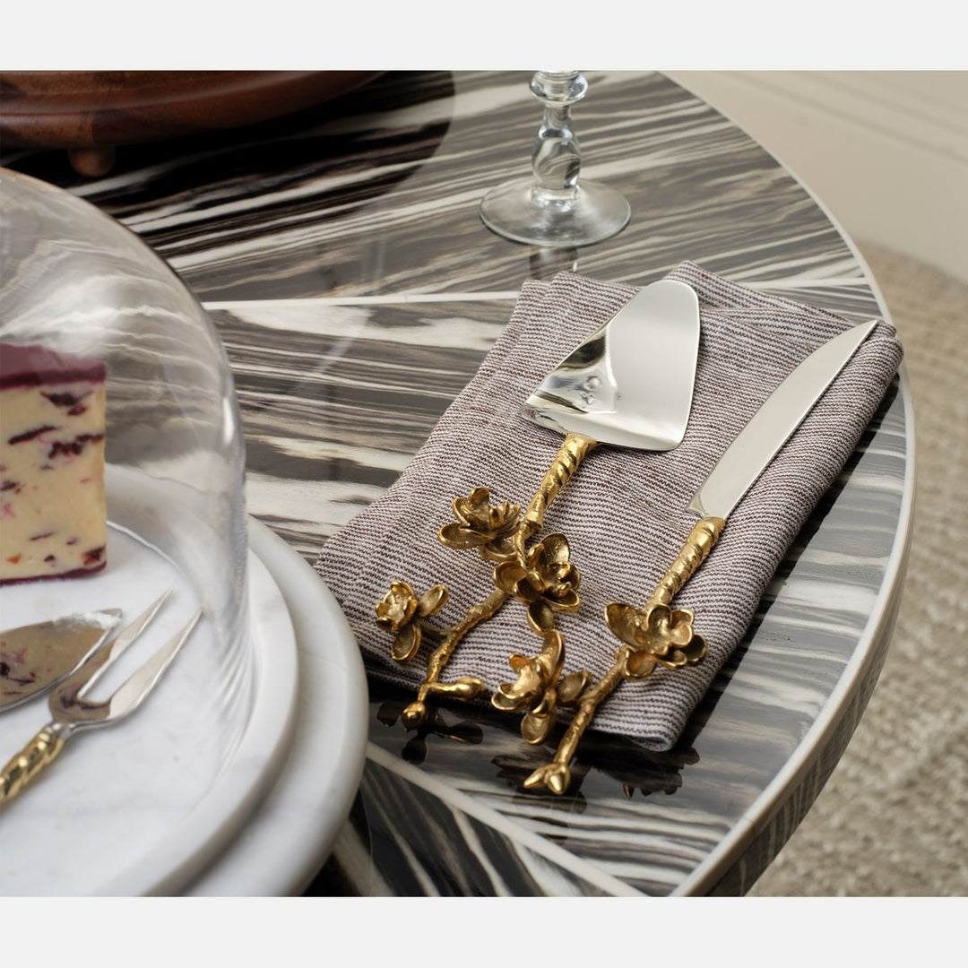 Fiona Polished Gold/Silver Blossom 2-Piece Cake Serving Set Brass/Stainless Steel Boxed