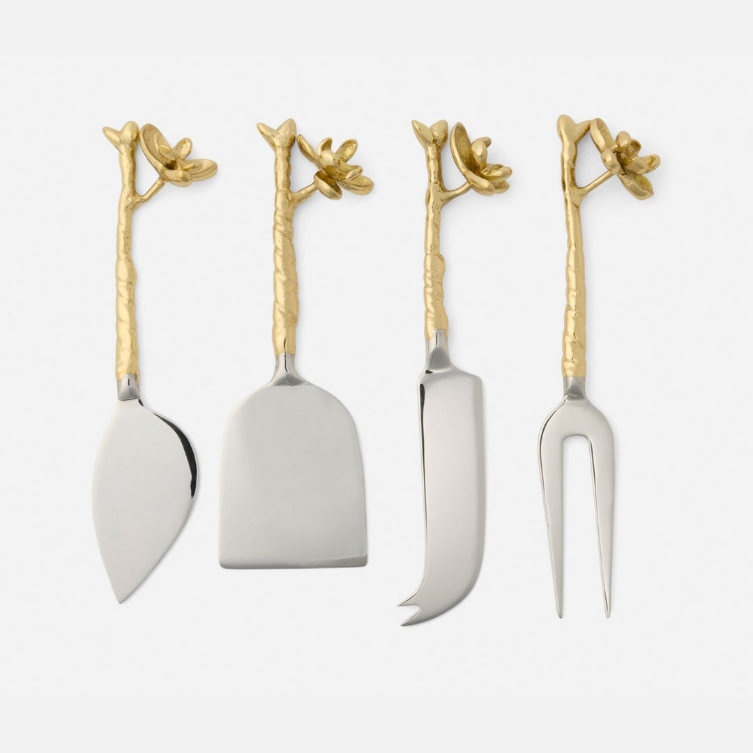 Fiona Polished Gold/Silver Blossom Set Of 4 Cheese Knives Stainless Steel Boxed