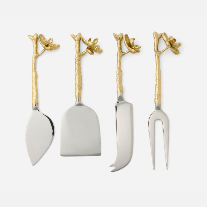 Fiona Polished Gold/Silver Blossom Set Of 4 Cheese Knives Stainless Steel Boxed