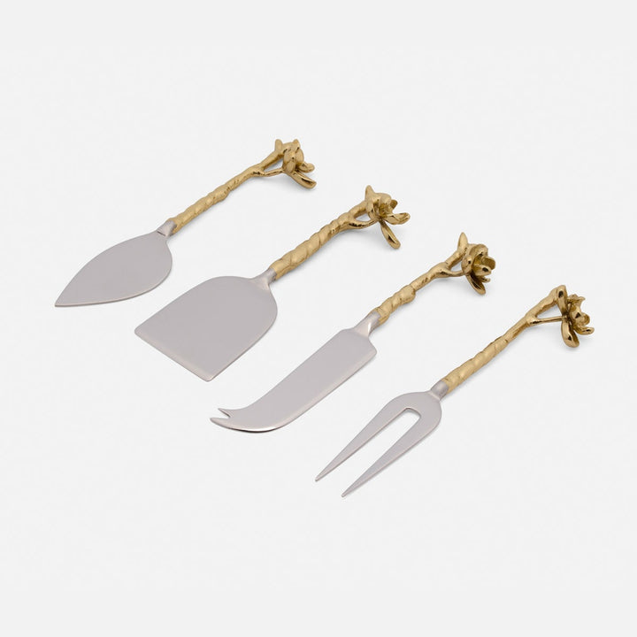 Fiona Polished Gold/Silver Blossom Set Of 4 Cheese Knives Stainless Steel Boxed