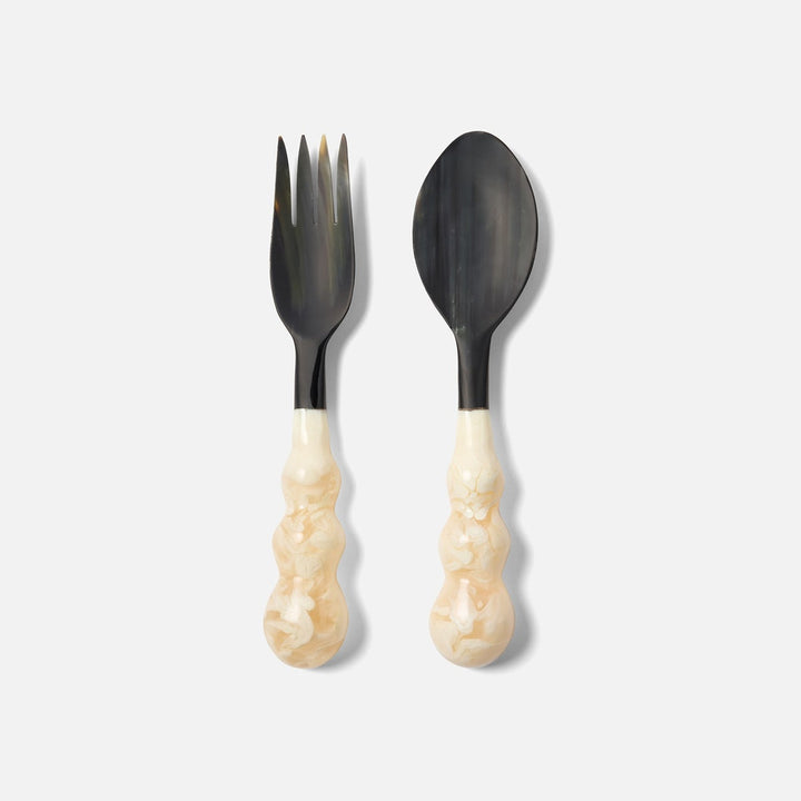 Jasmine Black/Ivory Swirled Serving Set Spoon Fork Horn/Resin Set/2