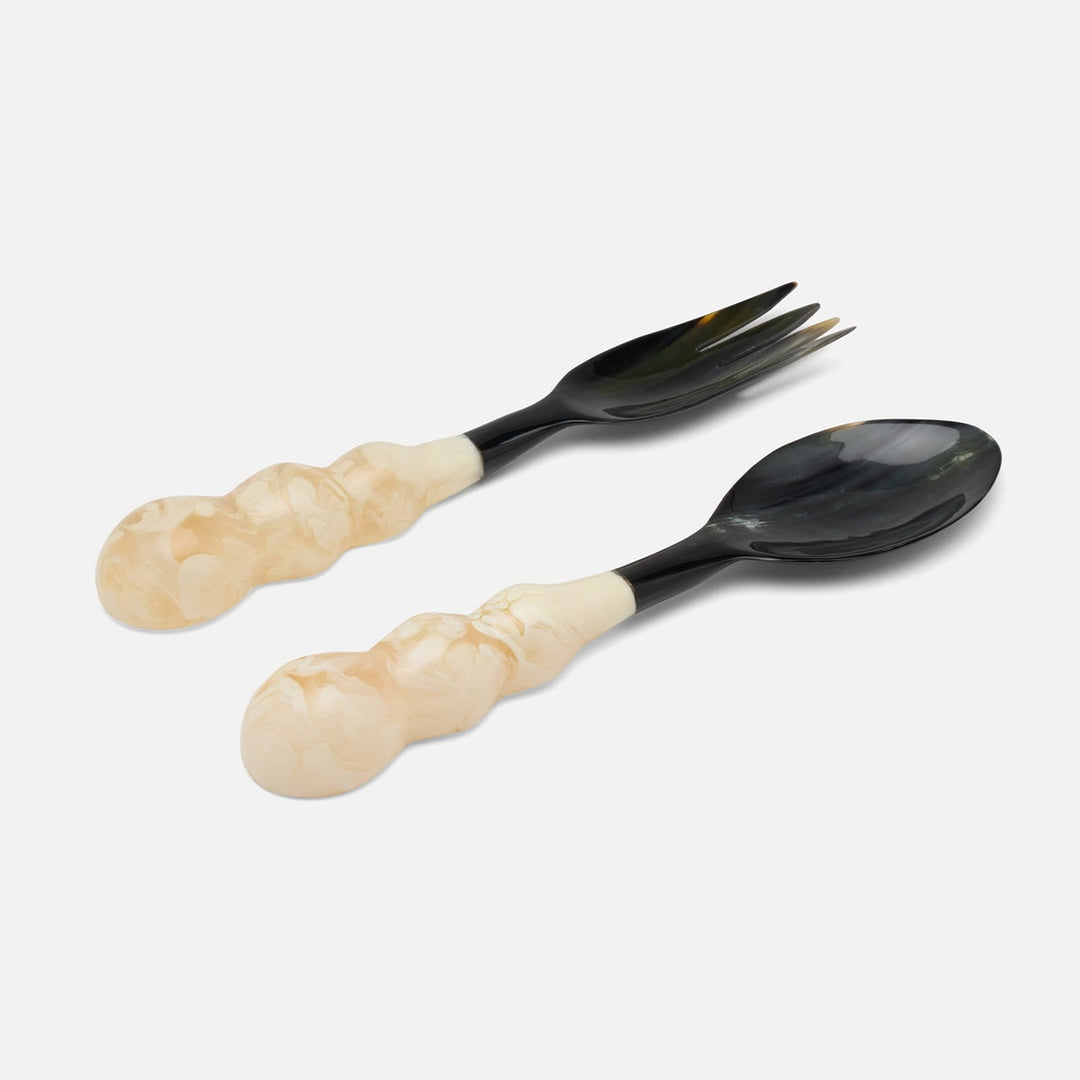 Jasmine Black/Ivory Swirled Serving Set Spoon Fork Horn/Resin Set/2