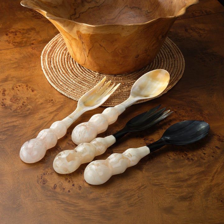 Jasmine Black/Ivory Swirled Serving Set Spoon Fork Horn/Resin Set/2