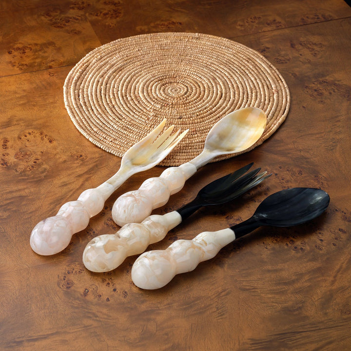 Jasmine Black/Ivory Swirled Serving Set Spoon Fork Horn/Resin Set/2