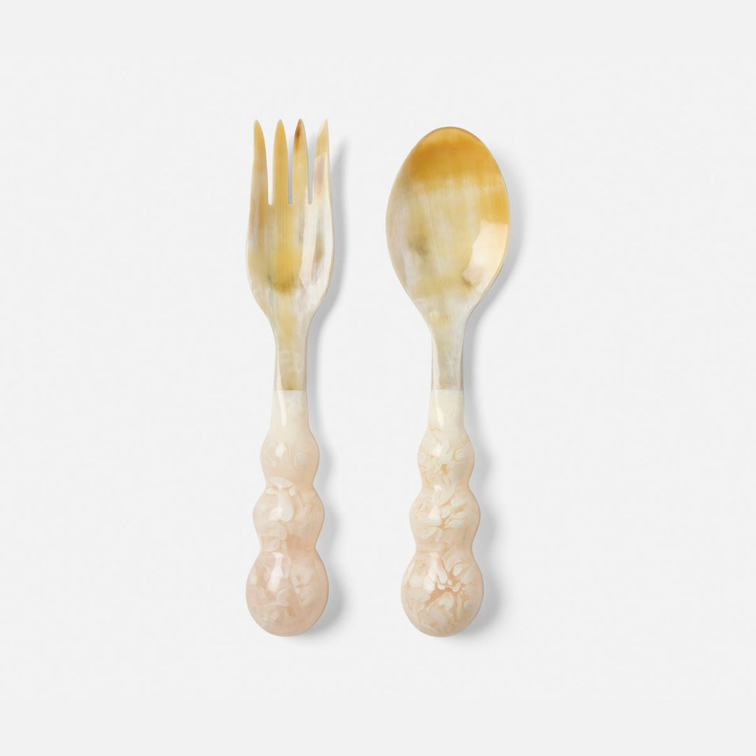 Jasmine Natural/Ivory Swirled Serving Set Spoon Fork Horn/Resin Set/2