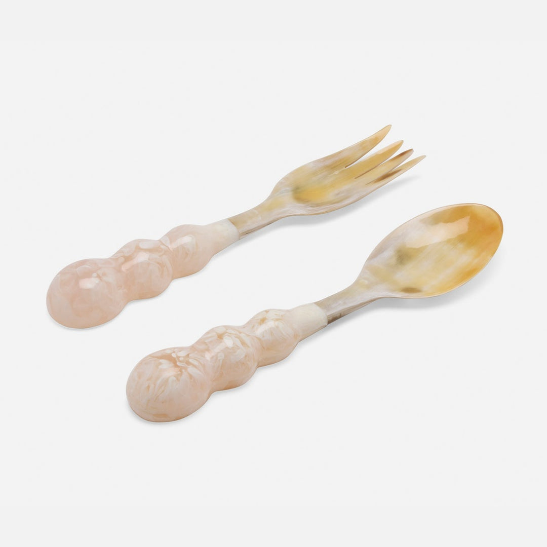 Jasmine Natural/Ivory Swirled Serving Set Spoon Fork Horn/Resin Set/2