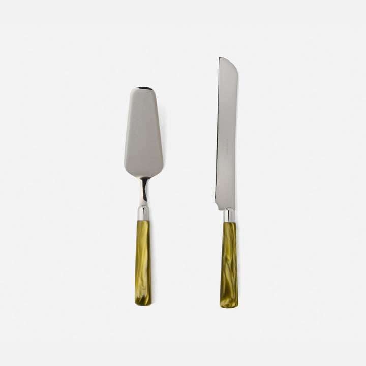 Colson Olive Green/Polished Silver 2-Piece Cake Serving Set Acrylic/Stainless Steel Boxed
