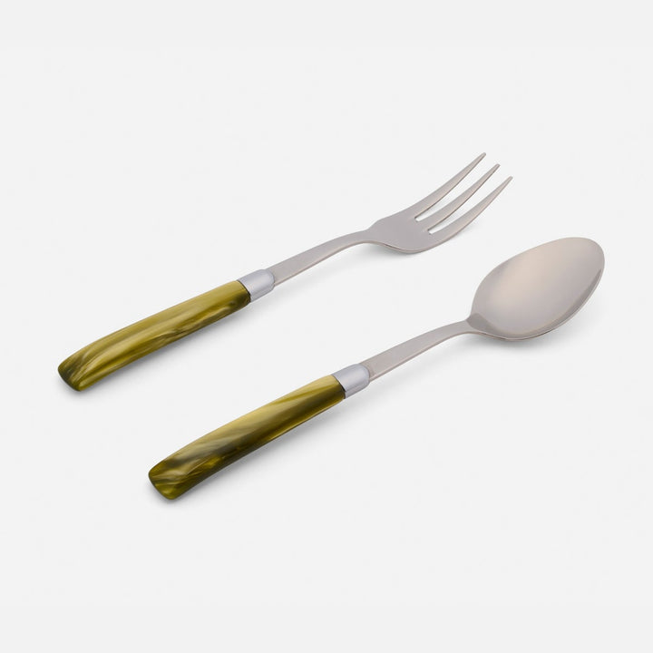 Colson Olive Green/Polished Silver 2-Piece Serving Set Spoon Fork Acrylic/Stainless Steel Boxe