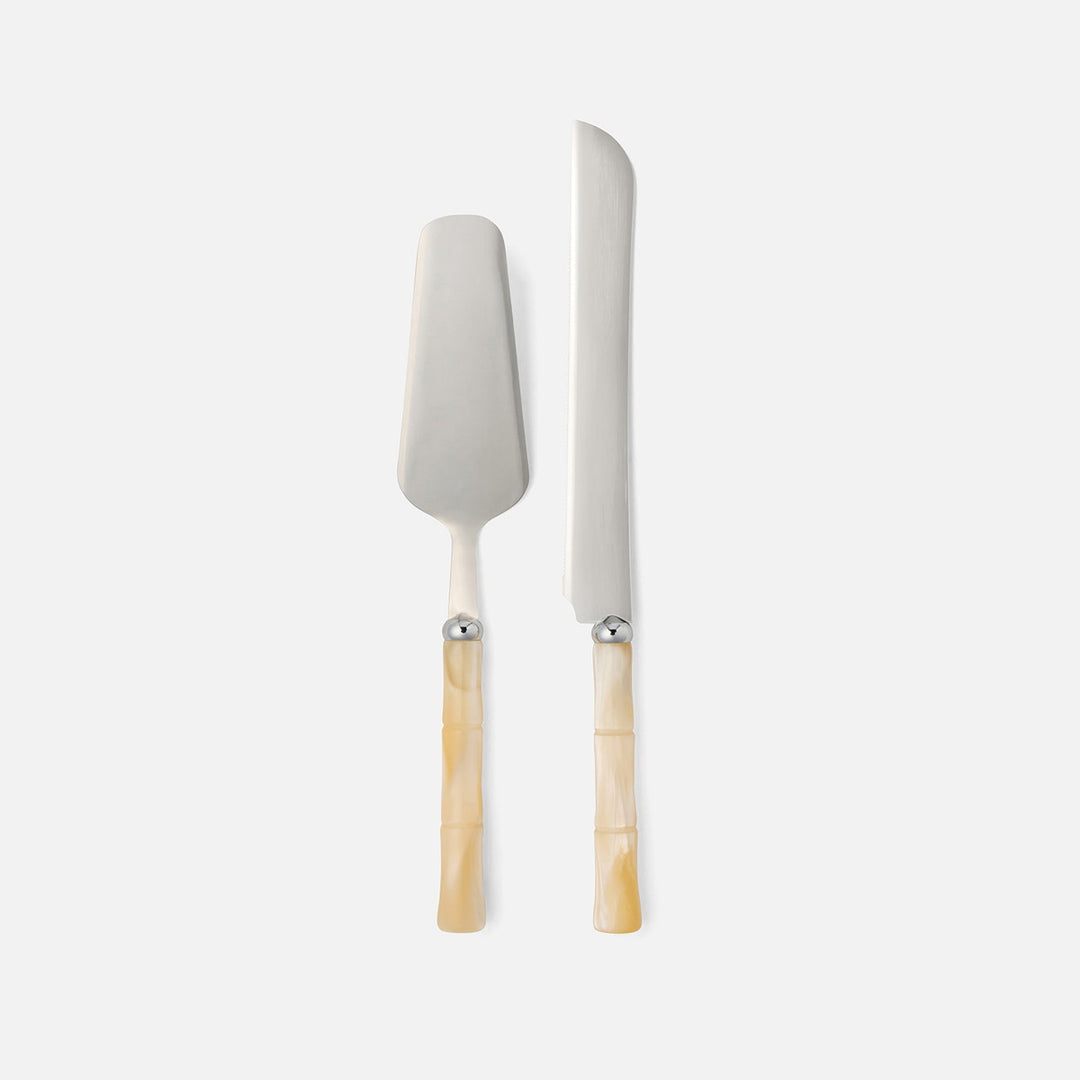 Lulu Ivory/Polished Silver Bamboo 2-Piece Cake Serving Set Acrylic/Stainless Steel Boxed