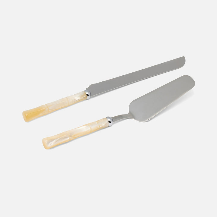 Lulu Ivory/Polished Silver Bamboo 2-Piece Cake Serving Set Acrylic/Stainless Steel Boxed