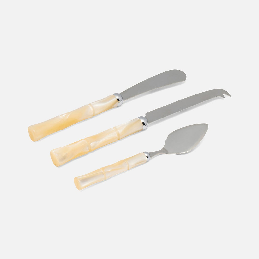 Lulu Ivory/Polished Silver Bamboo Set Of 3 Cheese Knives Acrylic/Stainless Steel Boxed
