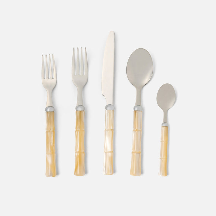 Lulu Ivory/Polished Silver Bamboo 5-Piece Set: Knife Dinner Fork Salad Fork Soup Spoon Tea Sp