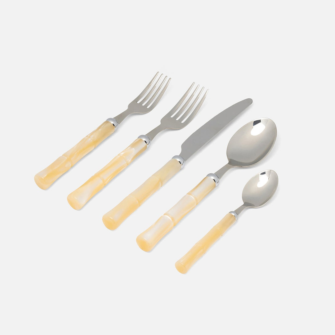 Lulu Ivory/Polished Silver Bamboo 5-Piece Set: Knife Dinner Fork Salad Fork Soup Spoon Tea Sp