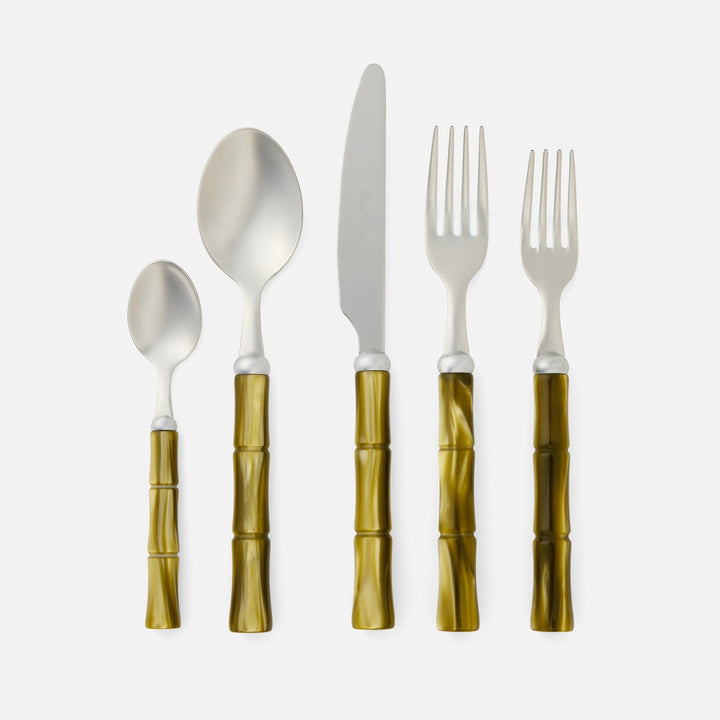 Lulu Olive Green/Polished Silver Bamboo,5-Piece Set: Knife Dinner Fork Salad Fork Soup Spoon T