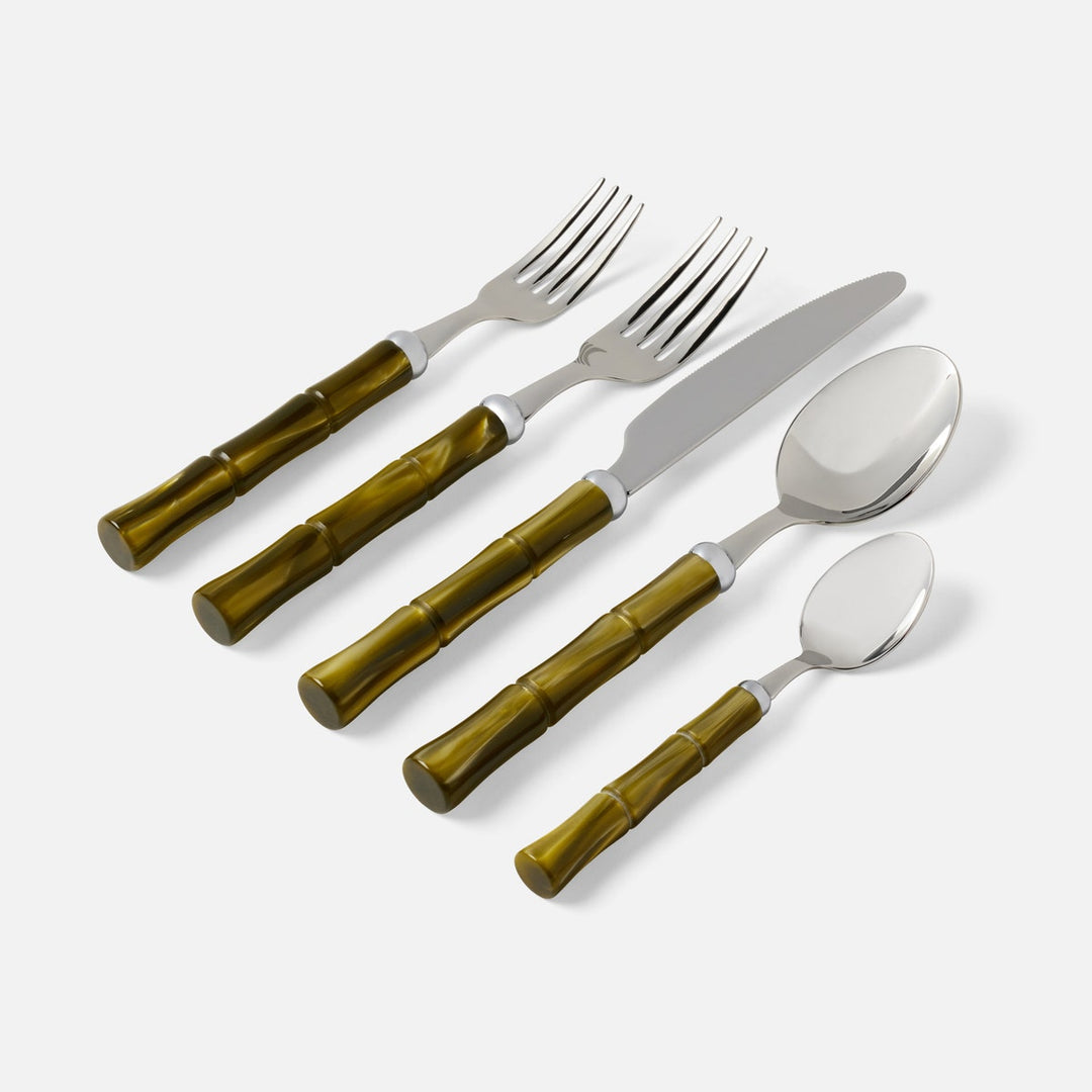 Lulu Olive Green/Polished Silver Bamboo,5-Piece Set: Knife Dinner Fork Salad Fork Soup Spoon T