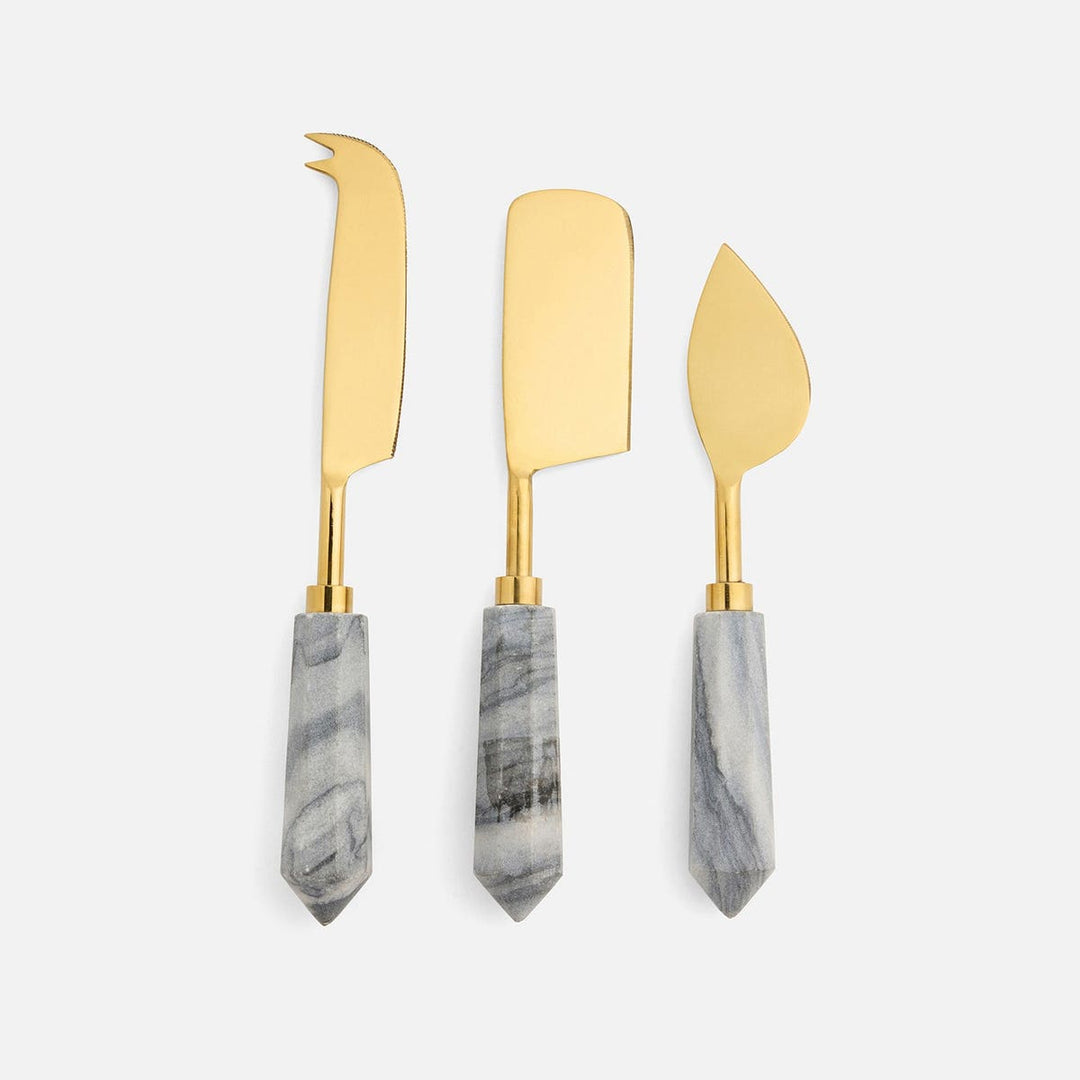 Priscilla Gray/Polished Gold Set Of 3 Cheese Knives Stainless Steel/Marble Boxed