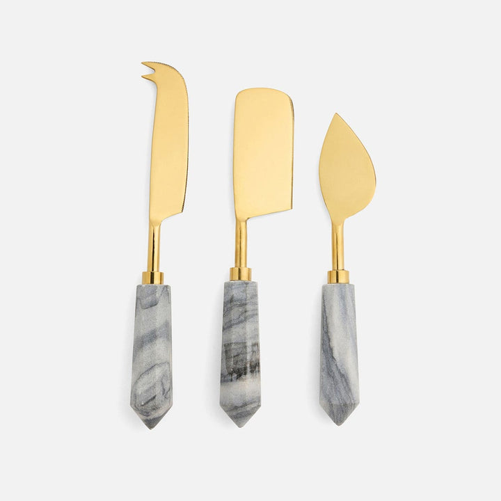 Priscilla Gray/Polished Gold Set Of 3 Cheese Knives Stainless Steel/Marble Boxed
