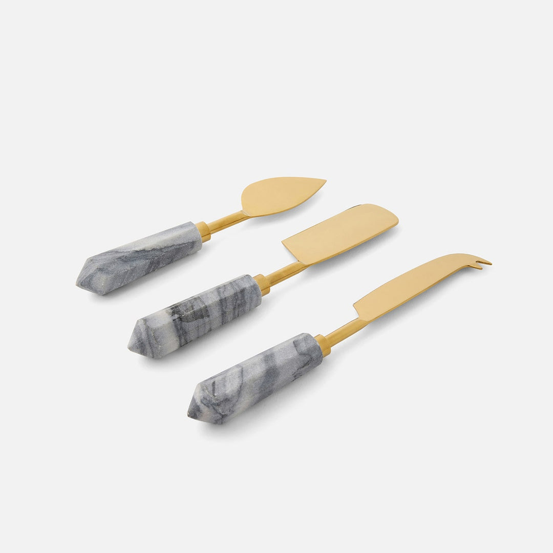 Priscilla Gray/Polished Gold Set Of 3 Cheese Knives Stainless Steel/Marble Boxed