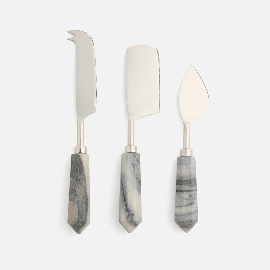 Priscilla Gray/Polished Silver Set Of 3 Cheese Knives Stainless Steel/Marble Boxed