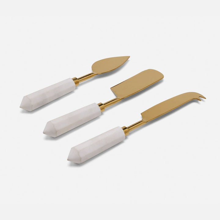 Priscilla White/Polished Gold Set Of 3 Cheese Knives Stainless Steel/Marble Boxed
