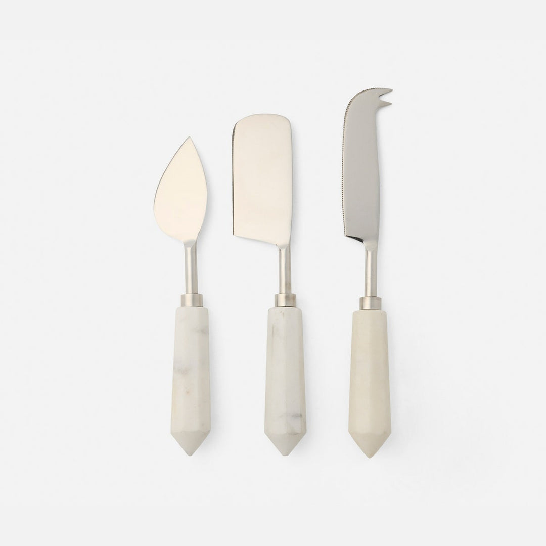 Priscilla White/Polished Silver Set Of 3 Cheese Knives Stainless Steel/Marble Boxed