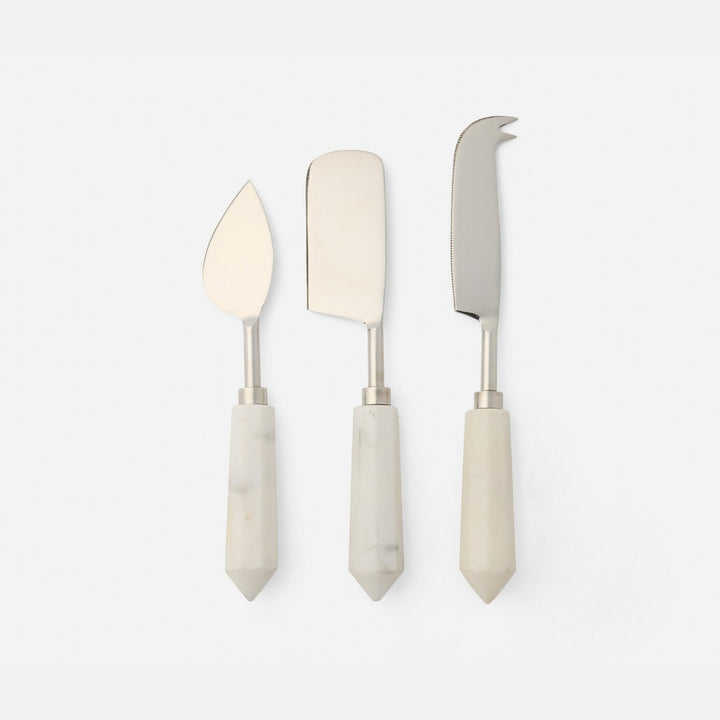 Priscilla White/Polished Silver Set Of 3 Cheese Knives Stainless Steel/Marble Boxed