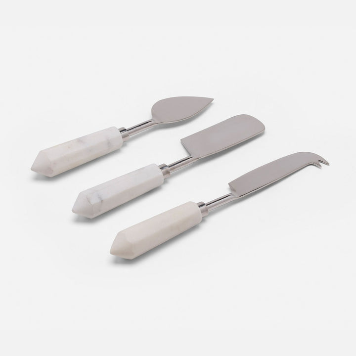 Priscilla White/Polished Silver Set Of 3 Cheese Knives Stainless Steel/Marble Boxed