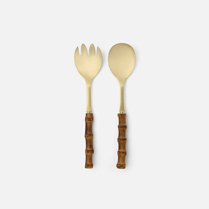 Zoya Matte Gold/Natural 2-Piece Set: Serving Spoon Serving Fork Stainless Steel/Bamboo Boxed