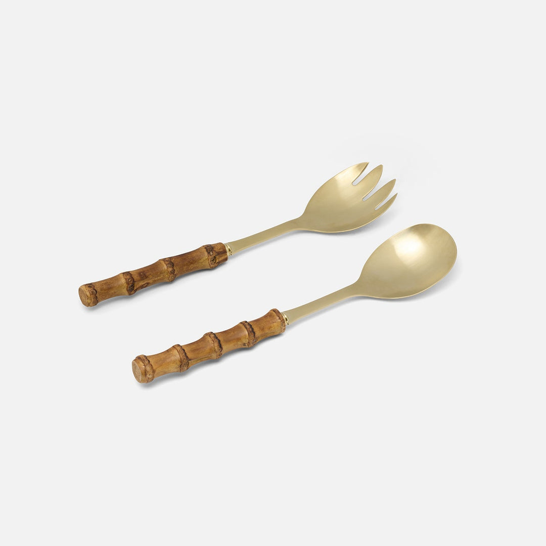 Zoya Matte Gold/Natural 2-Piece Set: Serving Spoon Serving Fork Stainless Steel/Bamboo Boxed