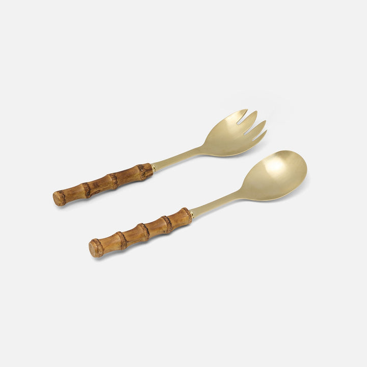 Zoya Matte Gold/Natural 2-Piece Set: Serving Spoon Serving Fork Stainless Steel/Bamboo Boxed