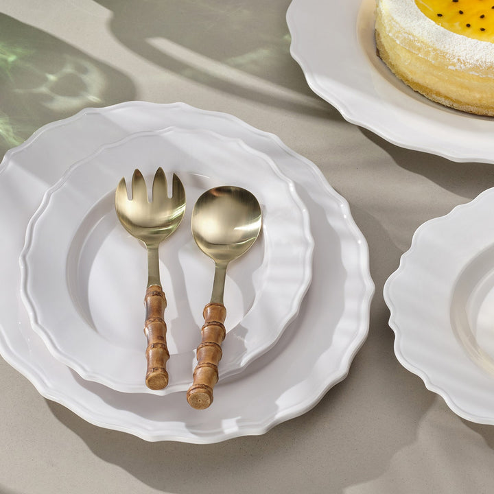 Zoya Matte Gold/Natural 2-Piece Set: Serving Spoon Serving Fork Stainless Steel/Bamboo Boxed