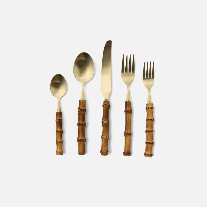 Zoya Matte Gold/Natural Flatware 5-Piece Set: Knife Dinner Fork Salad Fork Soup Spoon Tea Spo