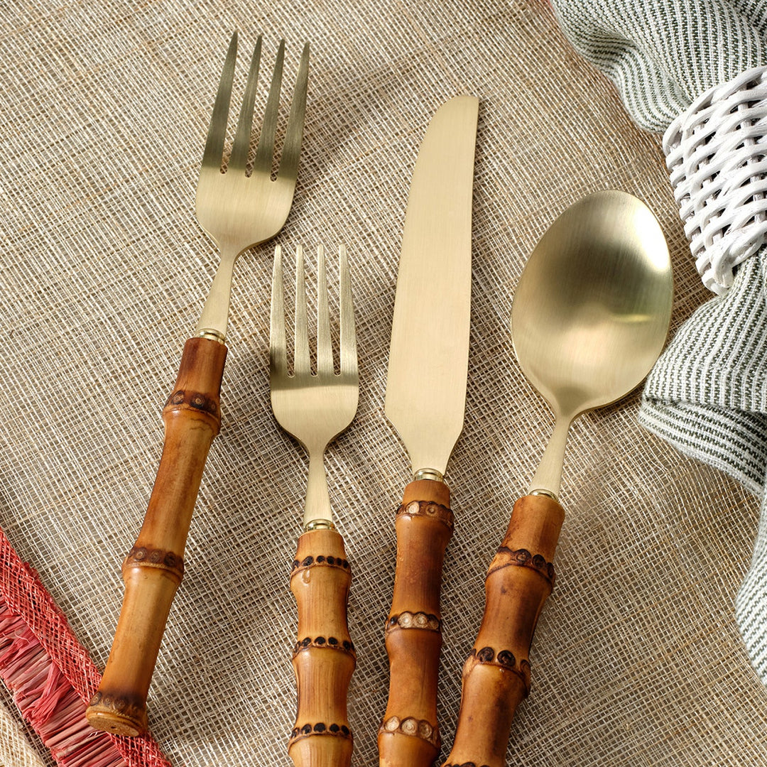 Zoya Matte Gold/Natural Flatware 5-Piece Set: Knife Dinner Fork Salad Fork Soup Spoon Tea Spo
