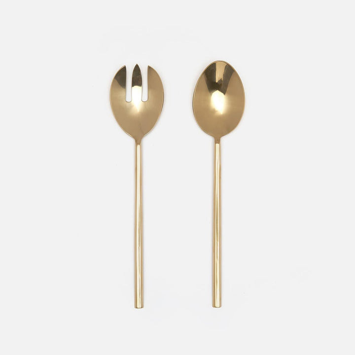 Gwen Polished Gold Hexagon Flatware Collection 2-Piece Serving Set: Serving Spoon Serving Fork