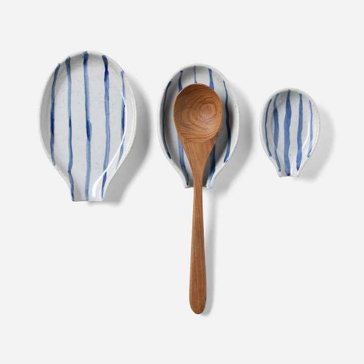 Jemma Blue/White Salt Glaze Stripes Spoon Rest Stoneware Set/3