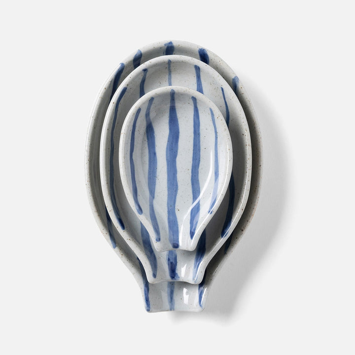 Jemma Blue/White Salt Glaze Stripes Spoon Rest Stoneware Set/3