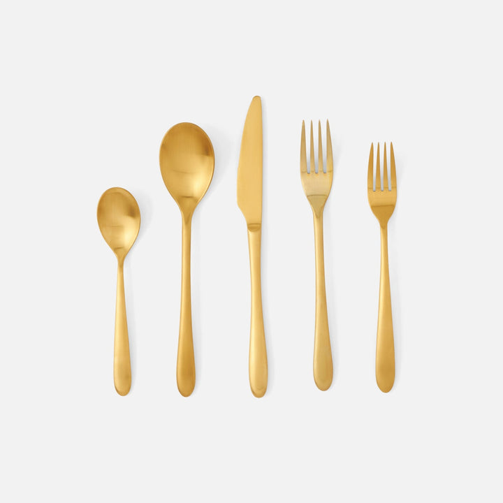 Alba Gold Flatware 5-Piece Set: Knife Dinner Fork Salad Fork Soup Spoon Tea Spoon
