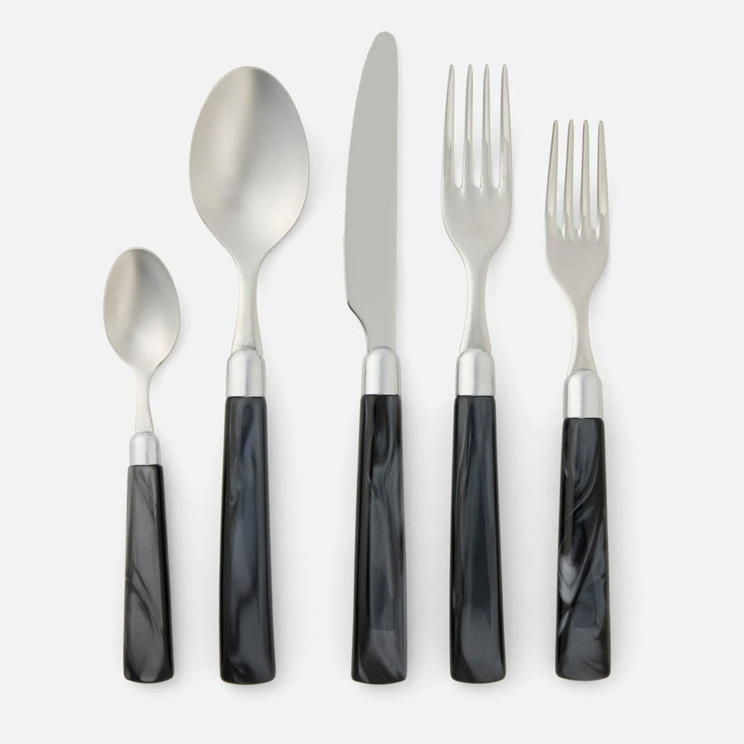Colson Black/Polished Silver 5-Piece Set: Knife Dinner Fork Salad Fork Soup Spoon Teaspoon St