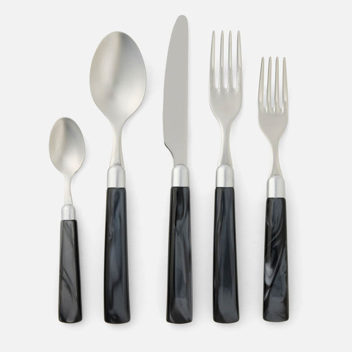 Colson Black/Polished Silver 5-Piece Set: Knife Dinner Fork Salad Fork Soup Spoon Teaspoon St